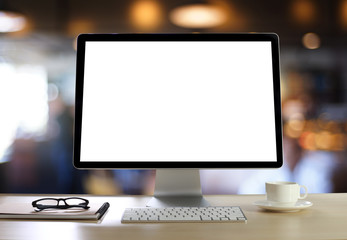 Poster - laptop with blank screen on table. workspace background new project on laptop computer with blank co