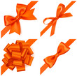 Set of decorative orange bows with diagonally orange ribbon on the corner isolated on white. Autumn design elements. Vector illustration