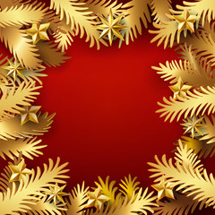 Wall Mural - Christmas and New Year red color background with golden paper art cut out fir tree branches decorated stars. Xmas Vector illustration. Card, banner, poster. Material applique