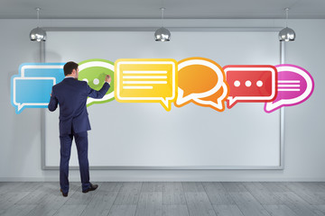 Wall Mural - businessman using social network interface on a board 3d rendering