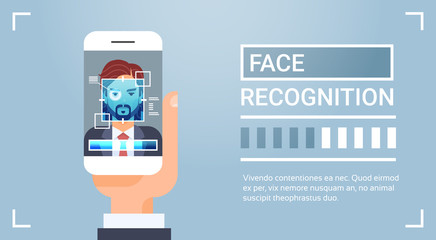 Poster - Hand Hold Smart Phone Scanning Male Iris Face Recognition Technology Banner Biometric Identification System Vector Illustration