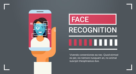 Poster - hand hold smart phone scanning female iris face recognition technology banner biometric identificati