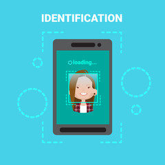 Poster - smart phone loading face identification system scanning female user access control modern technology