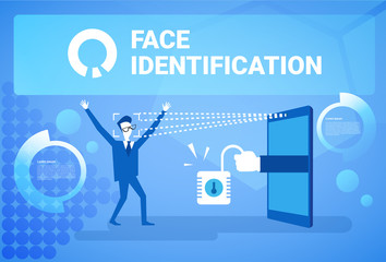 Poster - man getting access after face identification scanning modern biometric technology recognition system