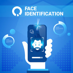 Poster - hand hold smart phone face identification technology scannig man access control system biometrical r