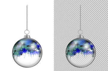 Wall Mural - Realistic transparent Christmas ball with watercolor. New year toy