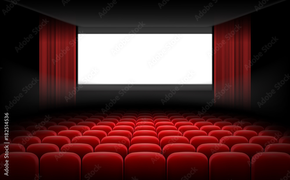 White luminous cinema movie theatre screen with red curtains and rows of chairs, realistic vector illustration, background. Concept movie premiere, poster with interior of a cinema and space for text - obrazy, fototapety, plakaty 