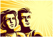 Vintage soviet propaganda style couple man and woman looking into the distance at their 
bright future with epic inspired confident face expression vector illustration