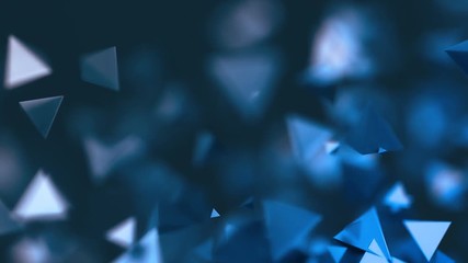 Poster - Abstract 3d rendering of chaotic low poly shapes. Computer generated flying polygonal pyramids in empty space. Futuristic motion background design with bokeh effect. 4k UHD