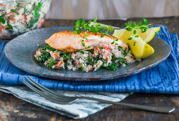 Canvas Print - Salmon fillet with crab salsa