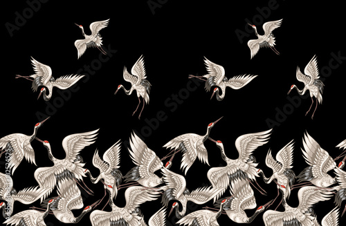 Fotografia Seamless pattern with Japanese white cranes in different poses for your design (