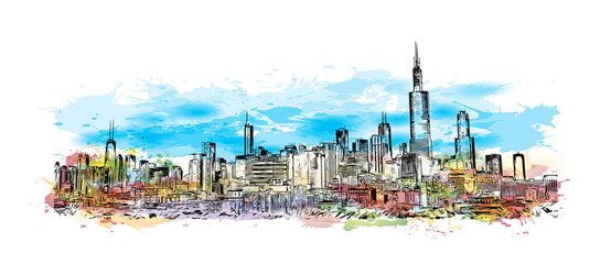 Watercolor splash with hand drawn sketch of Skyline Chicago, USA in vector illustration.