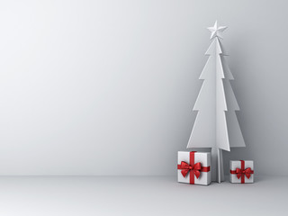 Poster - Christmas tree with gift boxes on white background for christmas decoration abstract with shadow . 3D rendering .