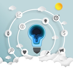 Poster - Light bulb on blue sky and clouds of business strategy creative idea concept paper art style.Vector illustration.