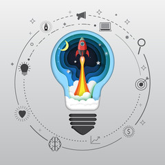 Poster - Rocket ship launch icon in light bulb paper art style design.Business startup concept.Vector illustration.