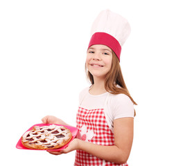 Wall Mural - happy little girl cook with cherry pie on plate