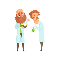 Poster - Flat vector illustration of two men scientists in laboratory. Bearded biologist with book, chemist with glass flask with green liquid