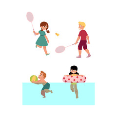 Canvas Print - vector summer camp kids set. Caucasian girls and boys playing badminton holding rockets, swimming in water in river or pool with inflatable ring and ball. Isolated illustration white background