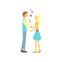 Sticker - Young boy and girl found their love with dating mobile app. Online date service or website concept for promo. Vector illustration