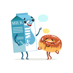 Sticker - Milk packing and cute donut in chocolate icing with blank speech bubbles. Comic food and drink characters. Flat vector illustration