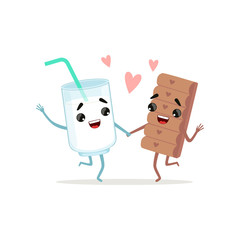 Sticker - Glass of milk and chocolate bar dancing holding by hands. Sweet couple. Cute flat vector design for card, network sticker, print, logo or badge