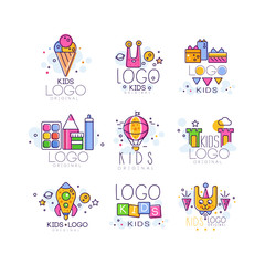 Canvas Print - Creative colorful kids logo set in line style. Ice cream, alien, gifts, air balloon, castle, rocket, cubes, bunny, paint and pencil