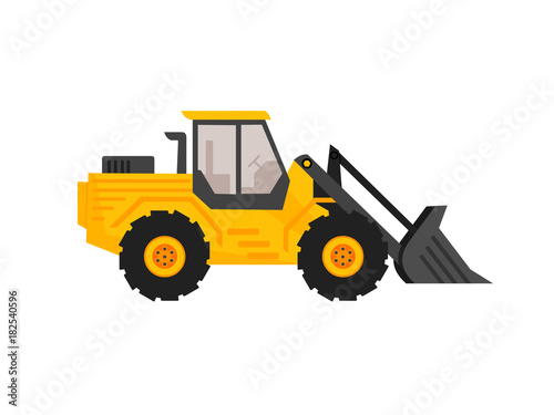 End Loader Vehicle Flat Cartoon Style Bulldozer Quarry Machine Stone Wheel Yellow Digger Backhoe Front Loader Truck Work Tractor Excavator Vector Illustration Buy This Stock Vector And Explore Similar Vectors At