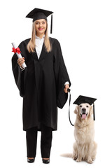 Wall Mural - Female graduate student with a diploma and a dog wearing a graduation hat