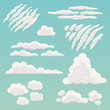 Cartoon clouds collection. Vector illustration of different types and shapes of clouds, such as cirrus, cumulus, stratus, cirrostratus. Isolated on background.