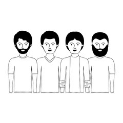 men in half body with casual clothes with short hair and some with beard in black dotted silhouette vector illustration