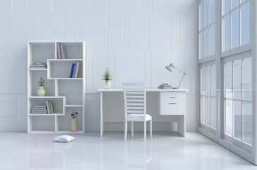 White reading room decorated with tree in vase,pillow,white chair and desk,window,sky,lamp,bookcase,flower,book.White wall.The sun shines through the window. 3d render.