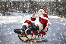 Santa Claus And Winter Road Of Snow 