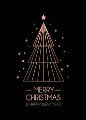 Merry Christmas and Happy New Year rose gold greeting card. Minimalistic christmas card on black  background. Linear Christmas tree with stars and snowflakes. Vector illustration