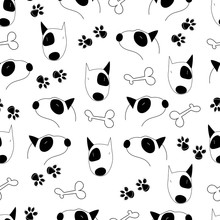 Vintage Style Traditional Tattoo Flash Bull Terrier Dog Seamless Doodle Pattern With Roses. Trendy Stylish Texture. Repeating Old School Tile Artwork For Print, Textiles. Isolated Vector Illustration.