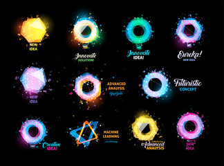 Poster - Unusual abstract geometric shapes vector logo set. Circular, hexagon, polygonal colorful logotypes collection on the black background.