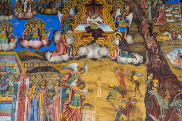 Religious scenes from the Bible painted on the walls of Rila Monastery, Bulgaria