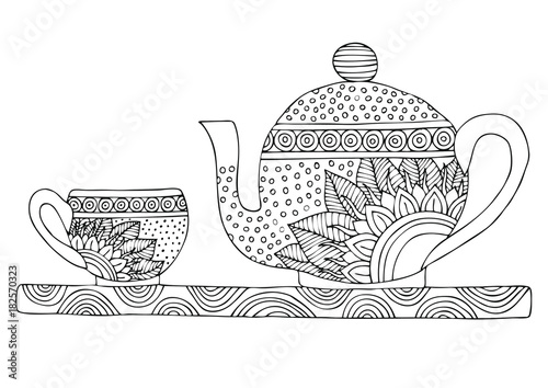 Download Teapot and cup set. Hand drawn picture. Sketch for anti-stress adult coloring book in zen-tangle ...