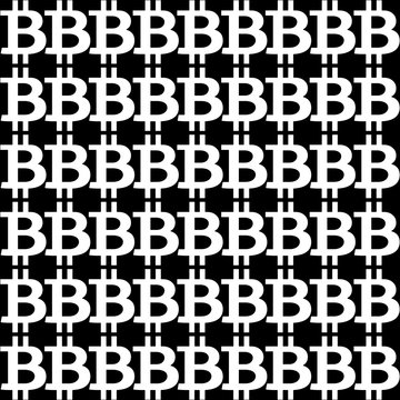 Seamless pattern with white bitcoin signs on black background.