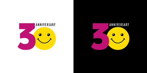Poster - 30 years old smiling logo. Congratulating celebrating 30th, 3d numbers, logotype with emotions. Isolated humorous colored greetings on black and white background or % off.