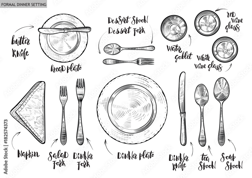 Table setting, top view. Vector hand drawn illustrations with original ...