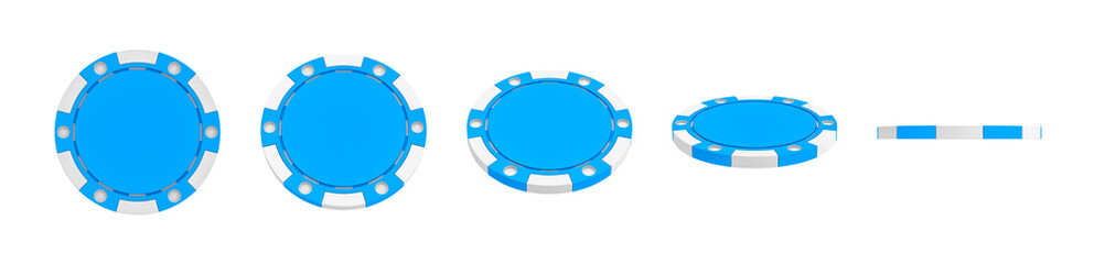 Poster - 3d rendering of a single blue casino chip shown in different views from full front to a slim side vi