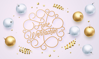 Frohe Weihnachten German Merry Christmas flourish golden calligraphy lettering of swash gold typography greeting card design. Vector golden decoration and Christmas text on holiday black background