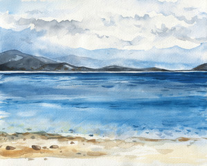 Ocean watercolor hand painting illustration.