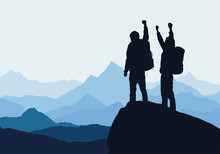 Vector Illustration Of Mountain Landscape With Two Men On Top Of Rock Celebrating Success