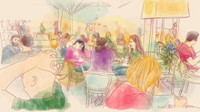 A View Of People Sitting In A Cafe In The Big City - A Colorful And Warm Illustration Painted With Watercolor - Handmade
