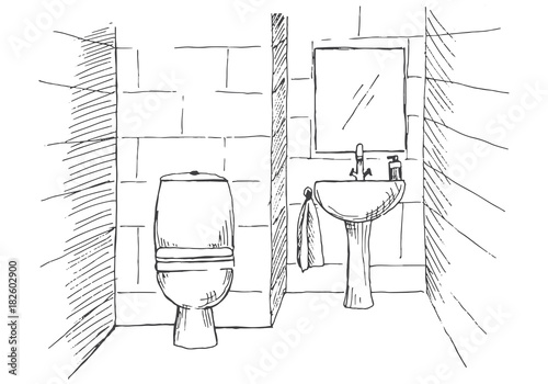 Hand drawn sketch. Linear sketch of an interior. Part of the bathroom