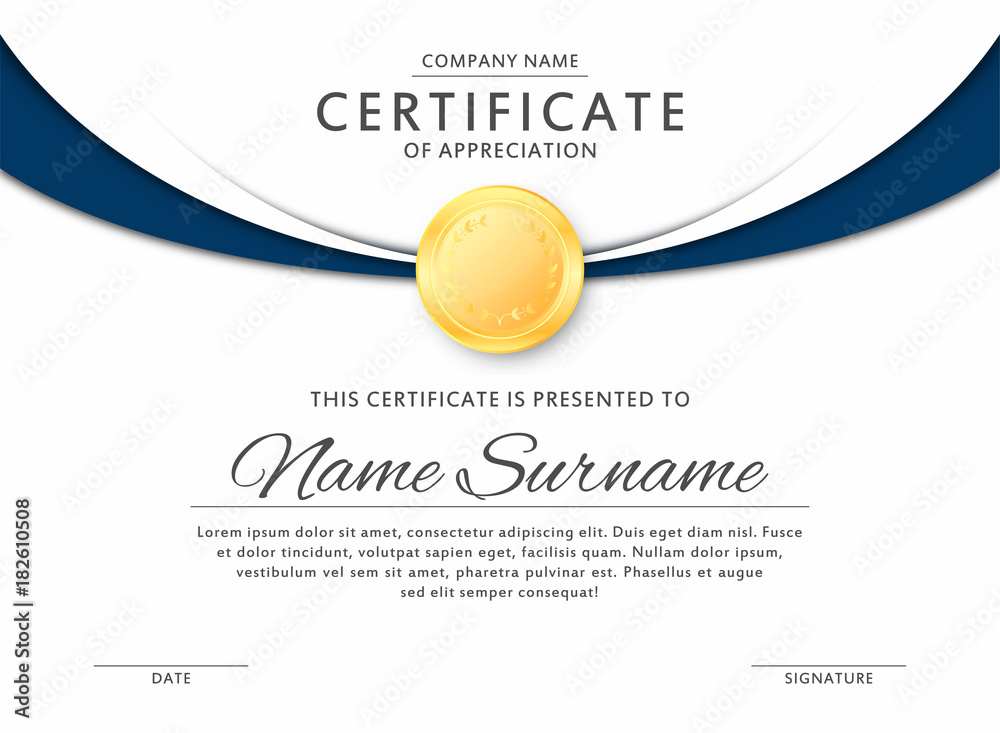 Certificate template in elegant black and blue colors. Certificate of appreciation, award diploma design template - obrazy, fototapety, plakaty 