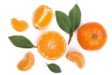Wall Mural - orange or tangerine with leaves isolated on white background. Flat lay, top view. Fruit composition