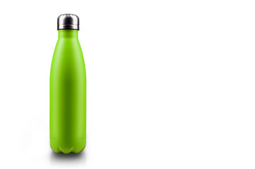 Stainless thermos water bottle, isolated on white background. Light green color.