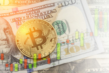 Bitcoin and dollar.  BTC market symbol cryptocurrency rising above the united states dollar.  Gold metal bitcoin on top of paper currency.  Copy space for text and wording.